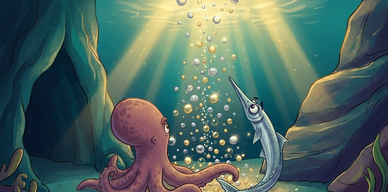 Purpo e Lello guardano le bolle salire insieme dal fondale